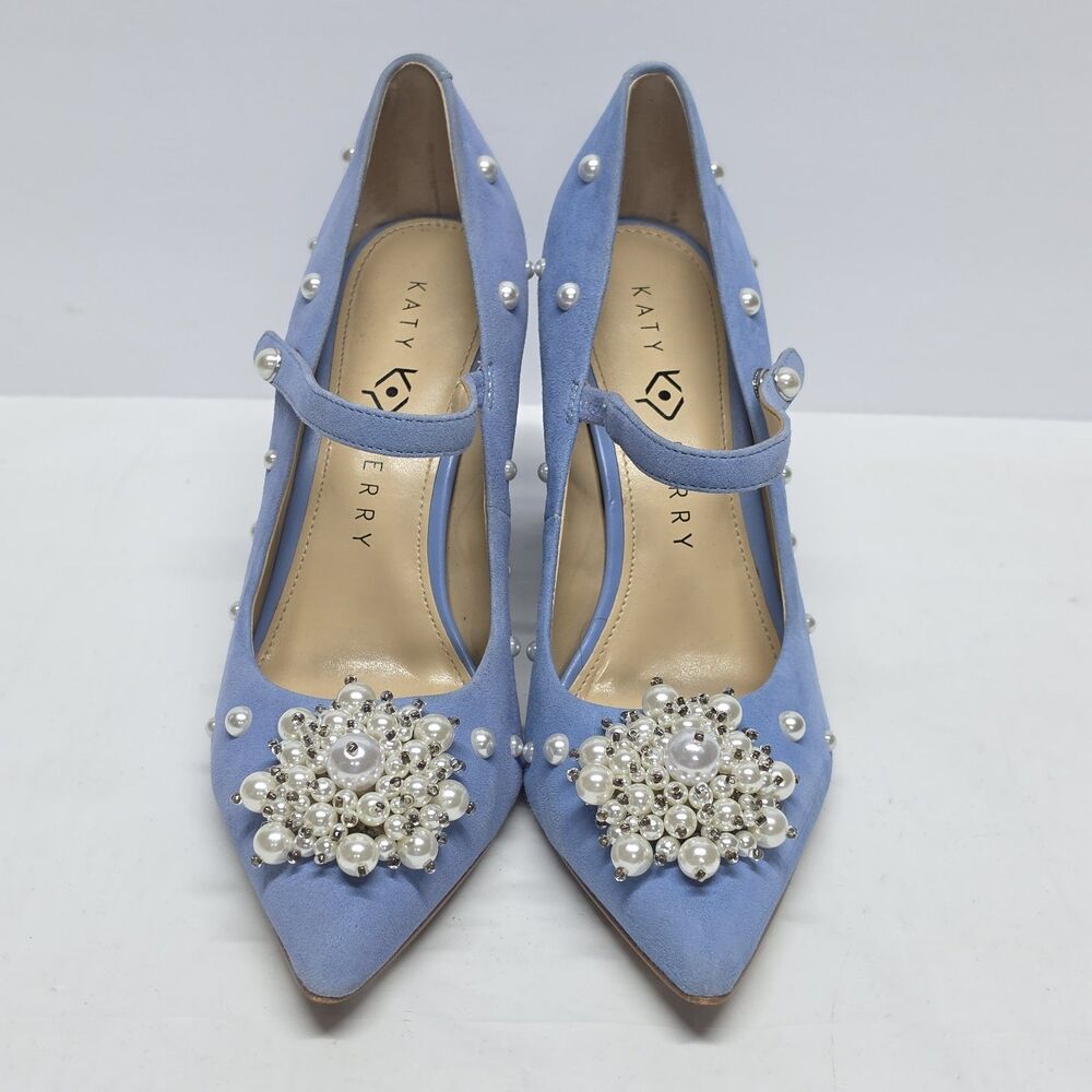 KATY PERRY Sadiee Women's Sky Blue Suede Mary Jane Pumps Size 8 Faux Pearls - Picture 2 of 10